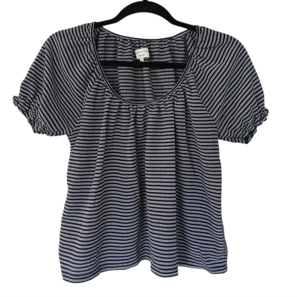 Madewell Navy & Gray Striped Scoop Neck Puff Sleeve Top Size Small